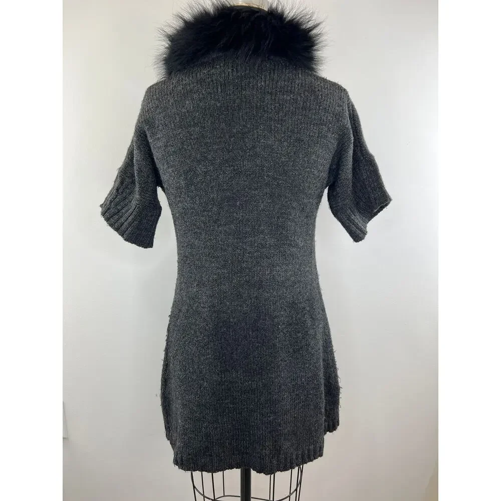 Sisters Dark Gray Wool Blend Fur Trim Short Sleeve Cardigan Sweater S Small